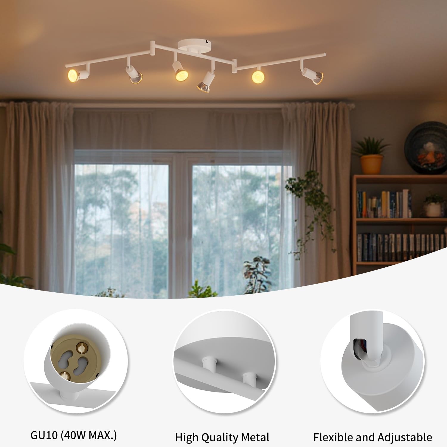 LVWIT Foco de techo blanco giratorio, 6 vías, luces de techo para sala de estar, luces de cocina GU10, luces de techo GU10, soporte de montaje de lámpara de techo para salón, dormitorio, comedor (sin