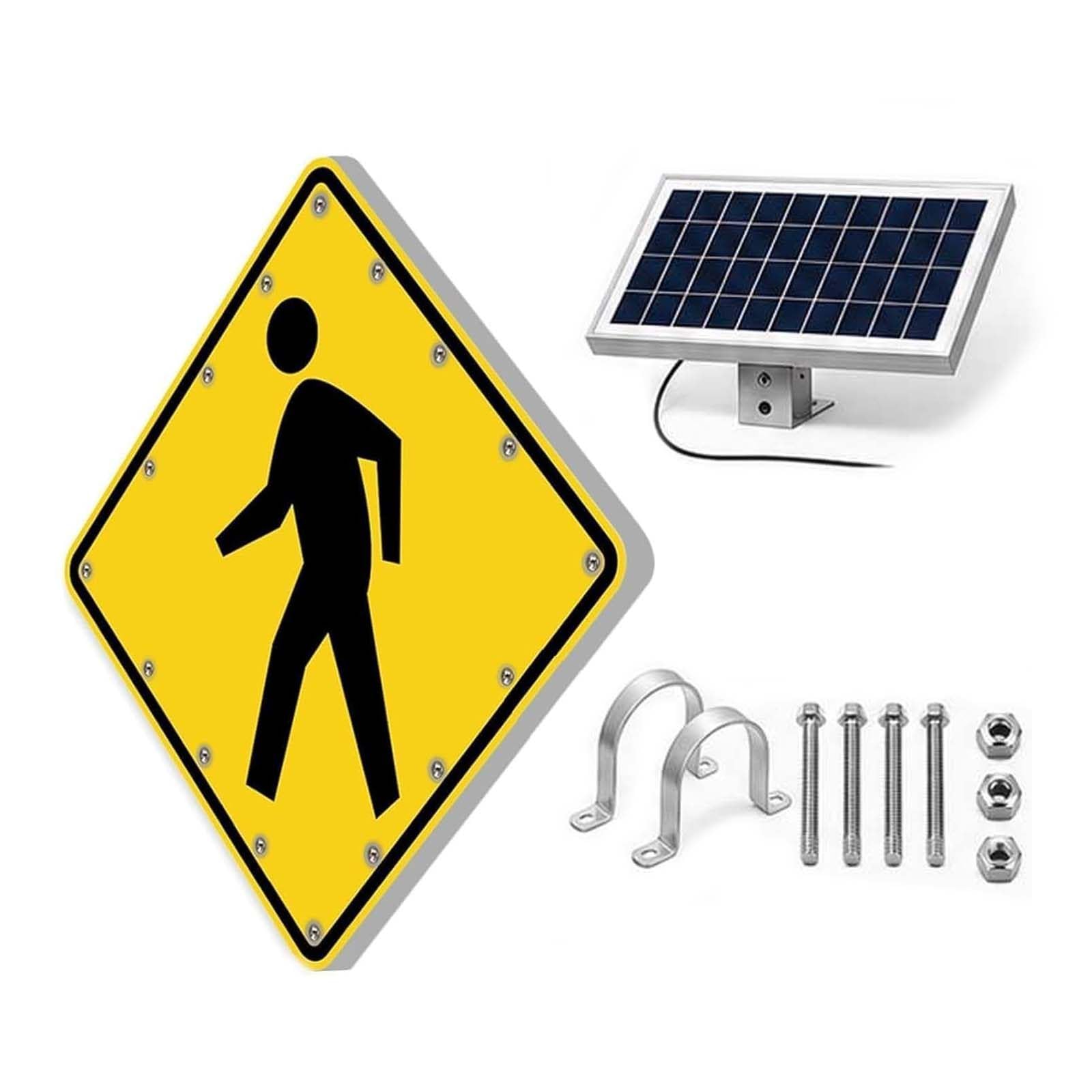QFGain Solar Flashing Pedestrian Crossing Sign, LED Warning Light for School Zone Construction Area, Auto Dusk-to-Dawn, Waterproof, w/Mount Bracket 24in