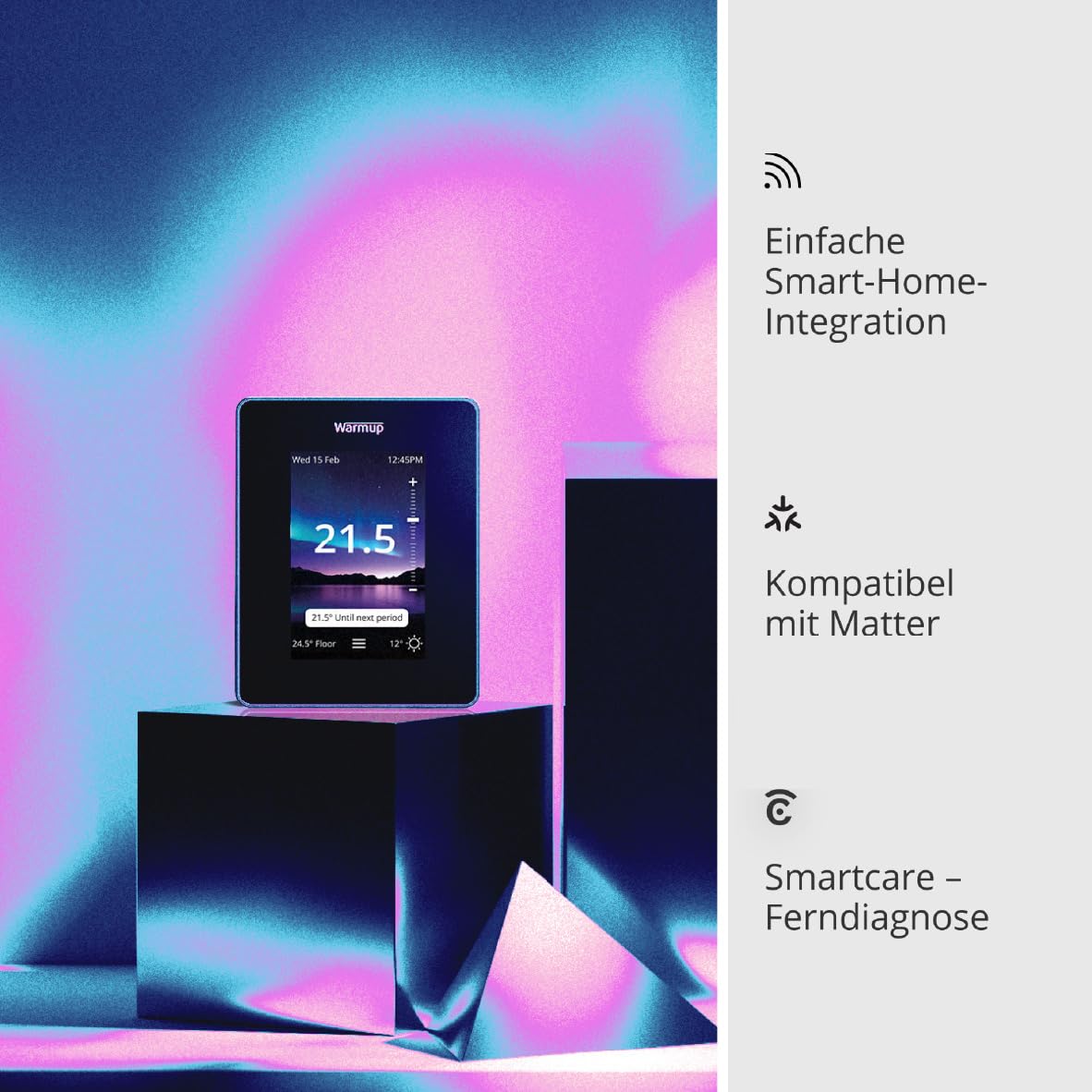 Warmup 7iE Thermostat | WiFi Smart Wired mit Smartcare | Fußboden- & Heizungssteuerung | Einzelzone | Matter Technology | Installation erforderlich | Onyx Schwarz