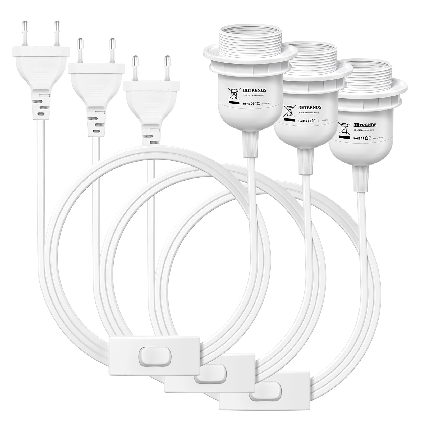 KEAGAR 3 x E27 Lampenfassung mit Schalter mit Stecker, E27 Fassung mit 3,5m Kabel Schraubring - Küche, Wohnzimmer und Kinderzimmer - Weiß 3pcs