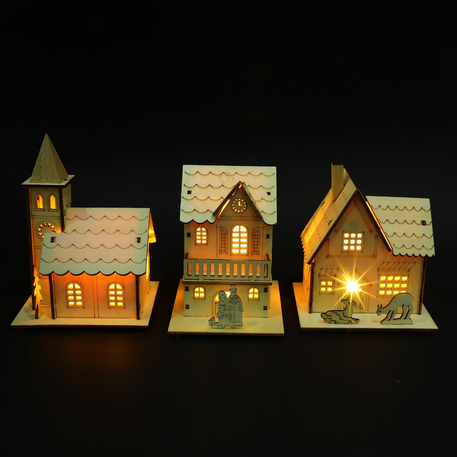Mipcase 3 Piezas Adorno Navideño Casa de Madera Luminosa Mini Casa Pila Botón, Decoración de Escritorio para Navidad, Luz Suave y Ambiente Festivo
