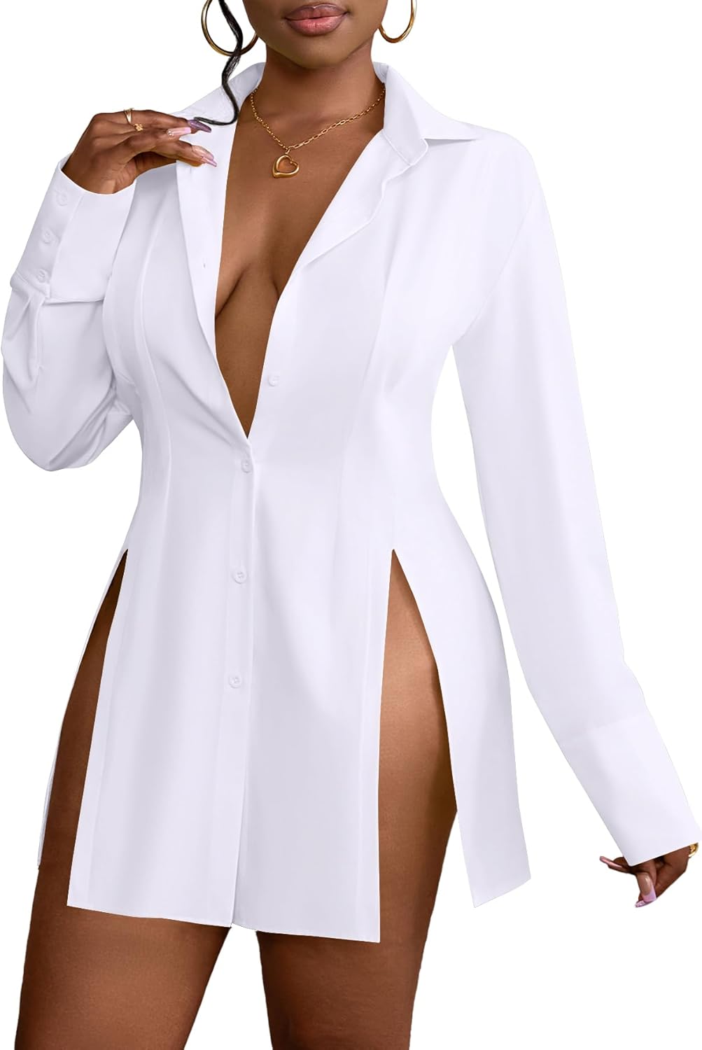 LYANER Women's Button Down Shirt Dress Collar V Neck Long Sleeve Slit Sexy Shirt Dresses - Image 3