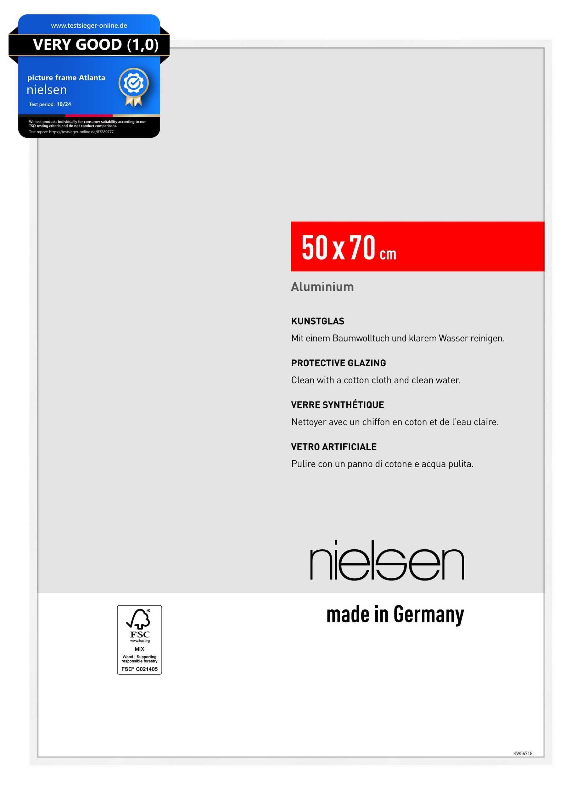 nielsen Atlanta Aluminium Picture Frame - Matt White 50x70cm - with Synthetic Glass and Push-Turn Clips