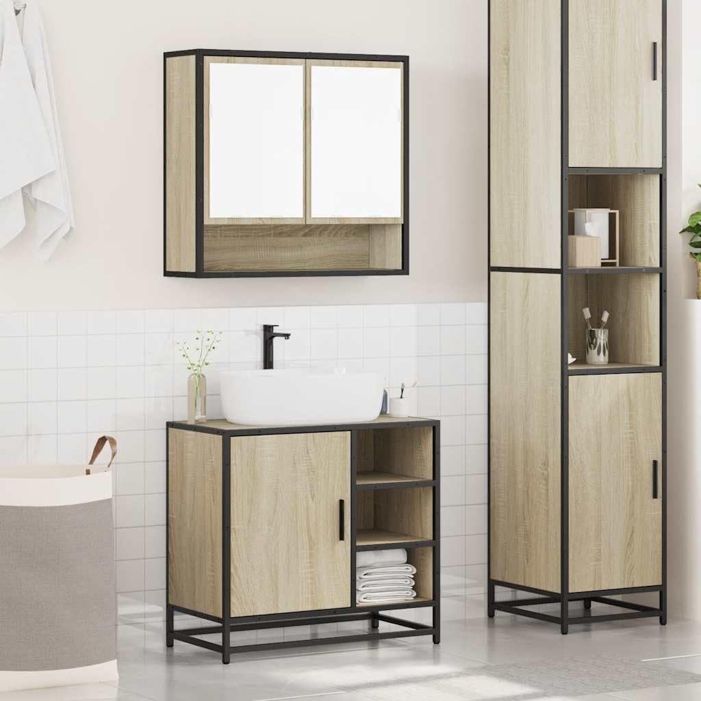 2-częściowy zestaw mebli łazienkowych Sonoma dąb z materiału drewnopochodnego i metalu, szafka z lustrem i szafka pod umywalkę, 65 x 20 x 60 cm, 65 x 33 x 60 cm, miejsce do przechowywania