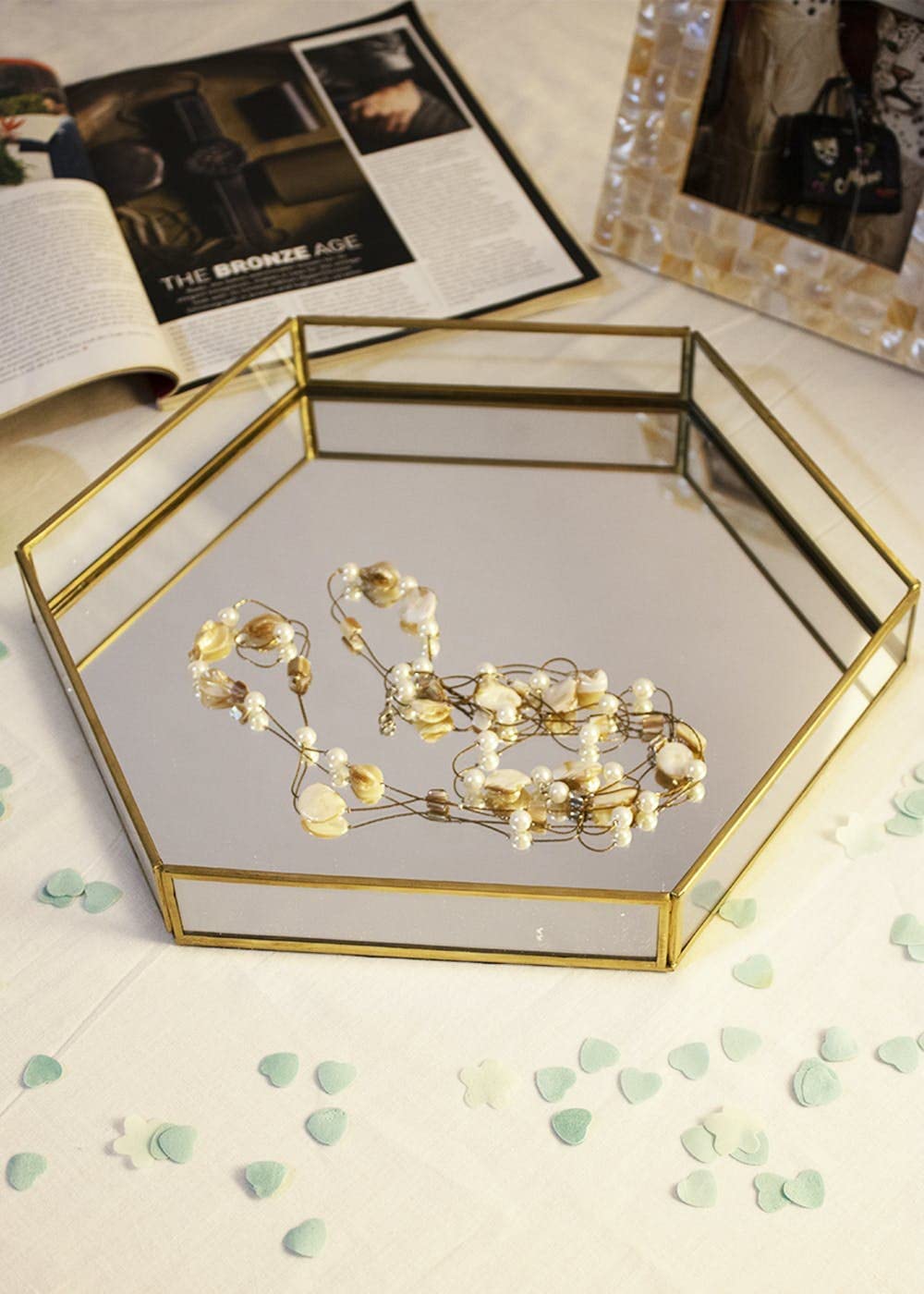 HUWIX Hexagon Glass Tray with Brass Rim and Mirror Base, Makeup Tray for Home Decor Jewelry Organiser, Vanity Organizer for Accent Table (10×10×1.5 inches)