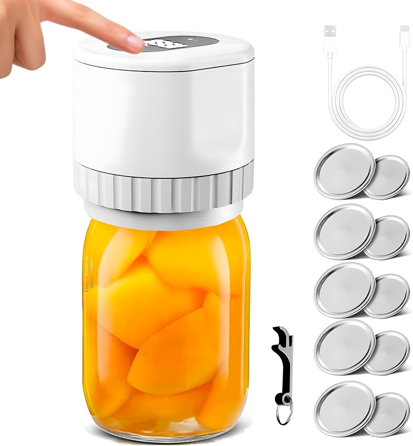 Sigillatore Sottovuoto Elettrico per Barattoli in Vetro - Macchina Automatica Portatile con 10 Coperchi Inclusi - Doppia Misura (Ø 6,8/8,3 cm) - Ideale per Conserve, Sottaceti e Alimenti Secchi