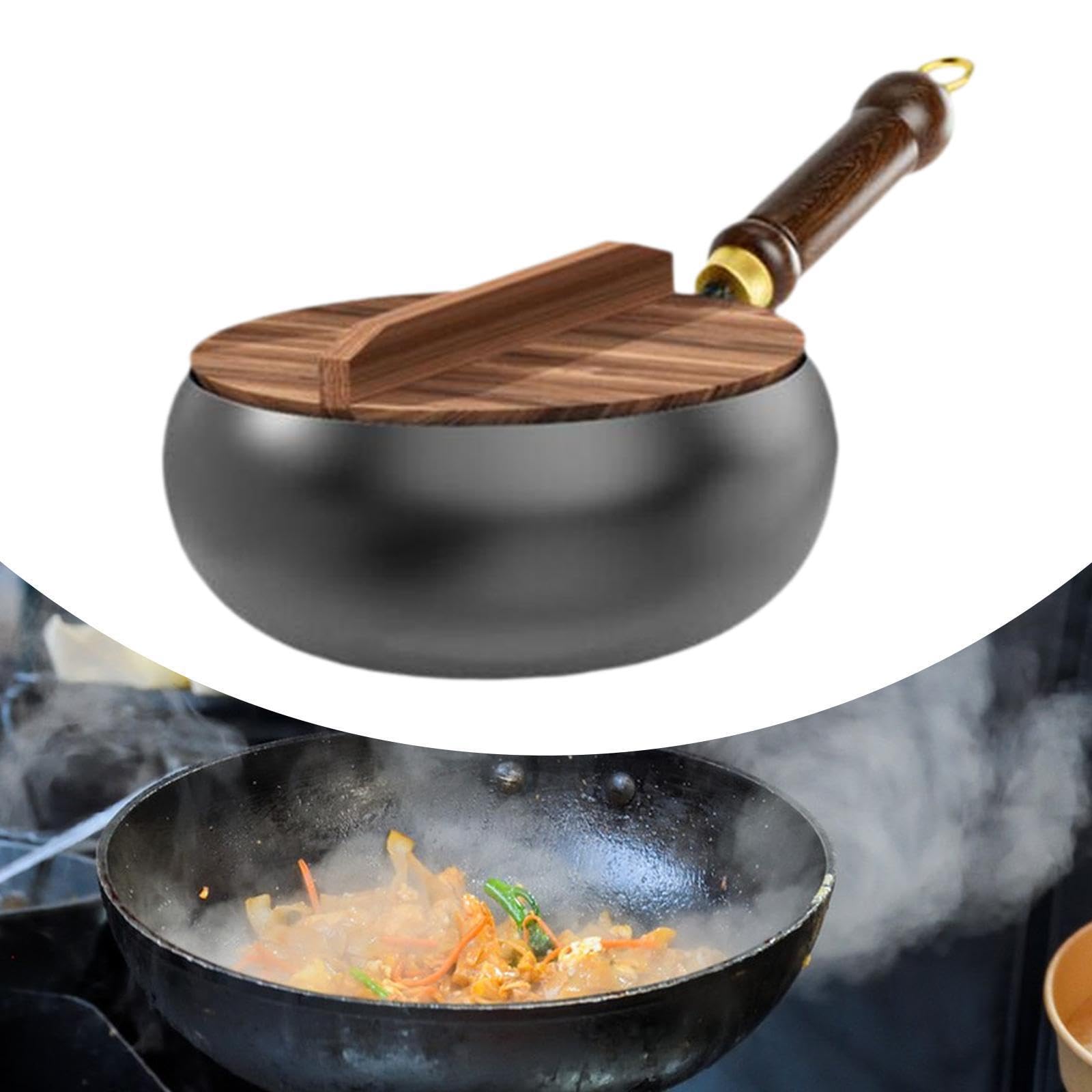Padella wok antiaderente a fondo piatto, efficiente per tutte le esigenze di frittura, con manico ergonomico in legno e fornello a induzione per, coperchio in legno, 24 cm