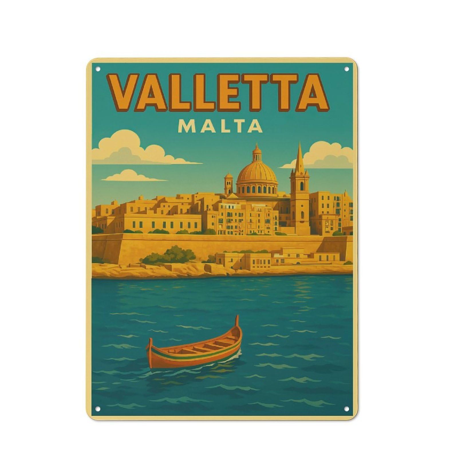 Junmoney Style-12 Retro Metal Wall Sign 40X30cm With Valletta Malta Vintage Travel (2) For Hallway Wall, Suited To Hallway Decor Lovers