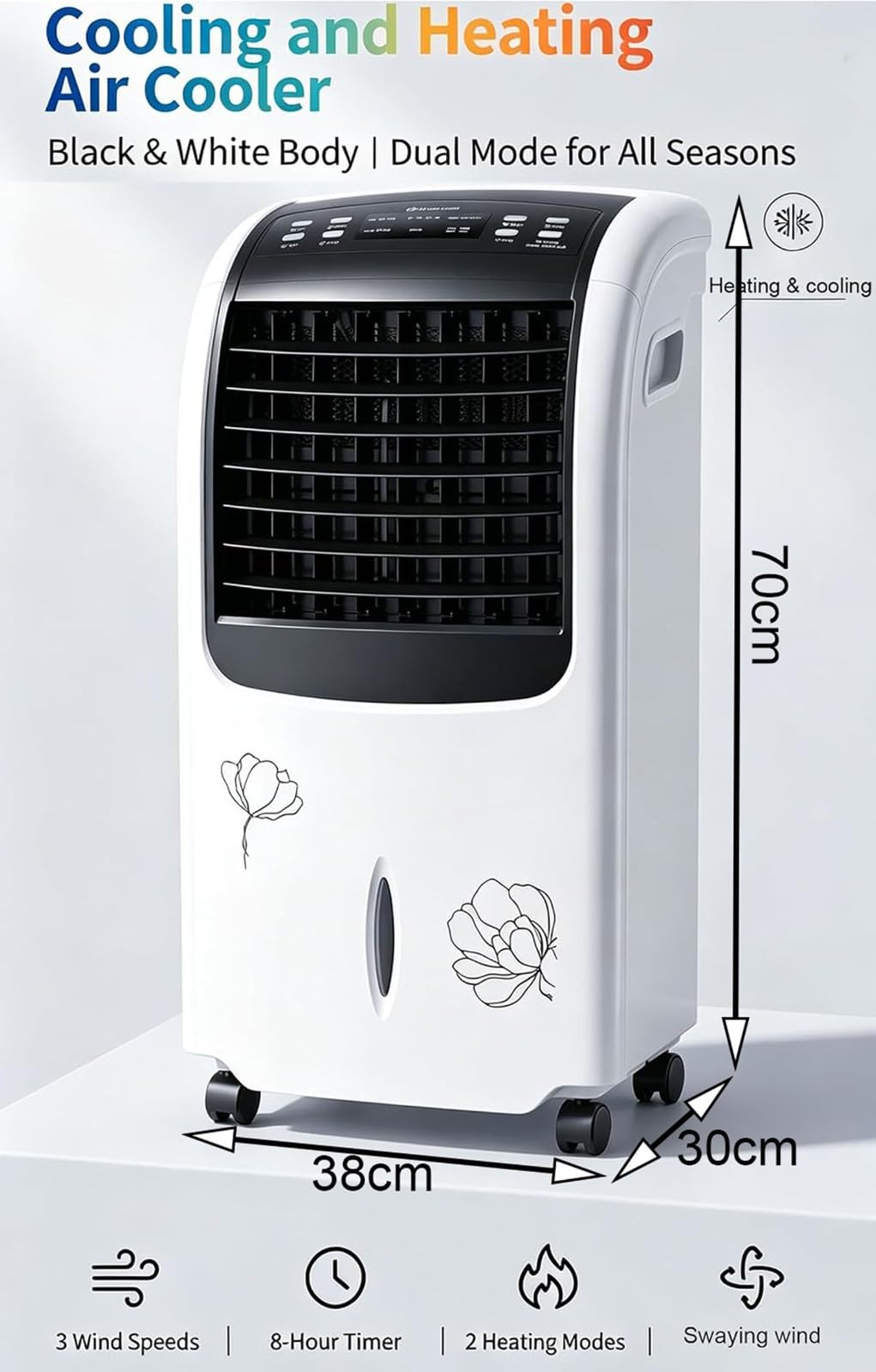 Raffrescatore d'Aria Evaporativo /Ventilatore Con Telecomando Freddo/Caldo Doppio Uso Timer 8H Tre Velocità Della Ventola Due Livelli Di Riscaldamento Oscillazione Sinistra E Destra 38*30*77cm