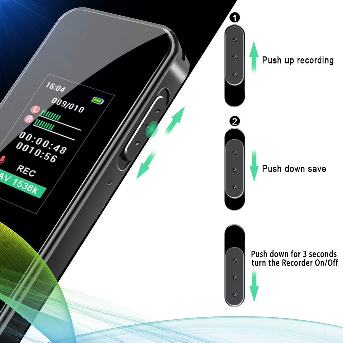 Digital Voice Recorder, 16GB Touch Screen Voice Activated Recorder for Lectures/Meetings/Class, 1536kbps Stereo HD-Audio Recording Device with Dual Microphones - Rechargeable
