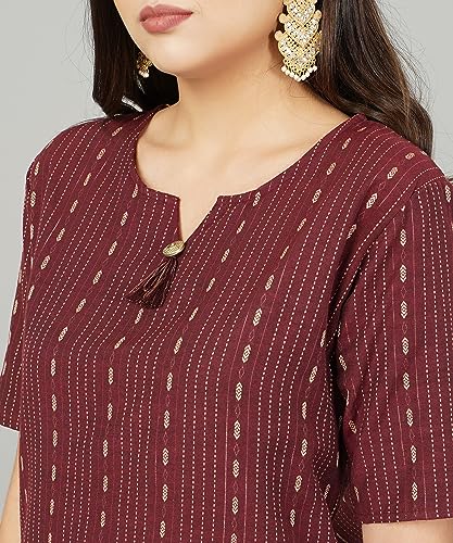 Image of Cotton Dobby Woven Design V- Neck Elbow Sleeves Knee Length Kurta for Women's