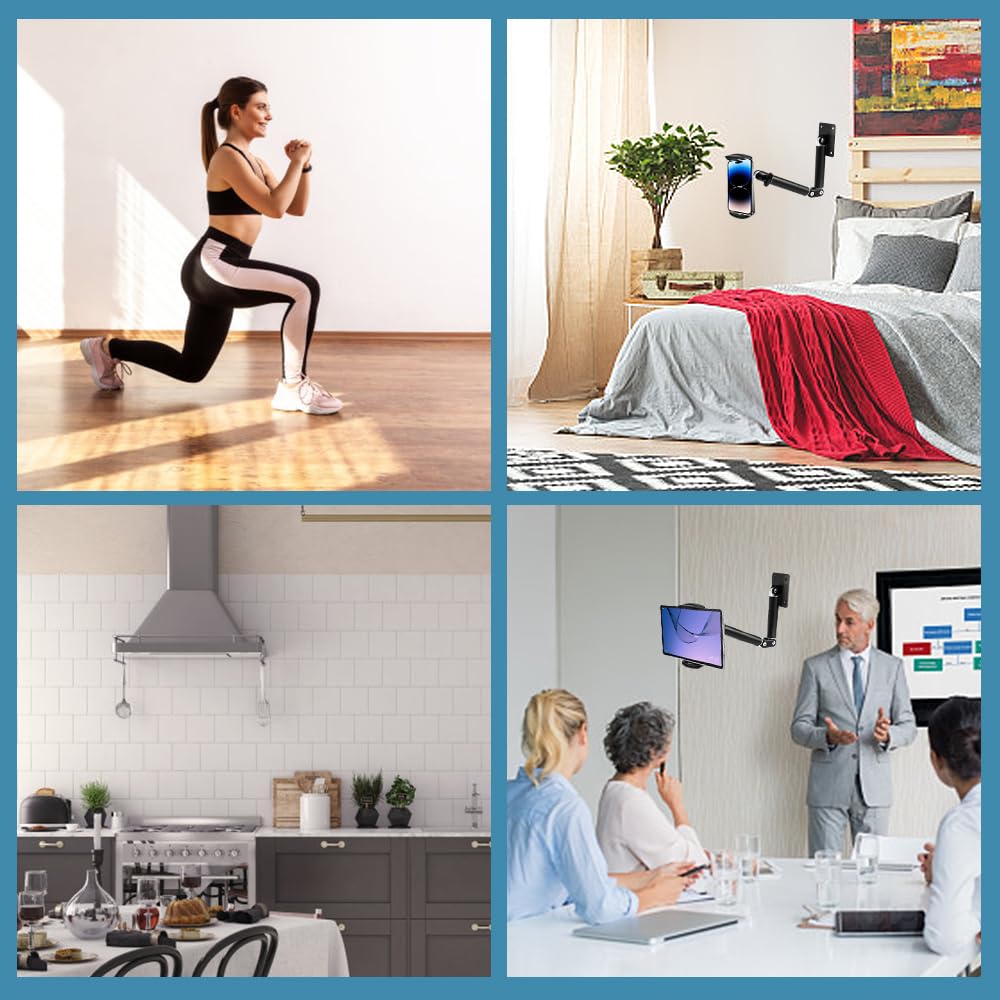 Soporte de Pared para Tablet, Soporte para Teléfono Móvil Tablet iPad de 4 a 13 Pulgadas Soporte de Pared para iPad Giratorio 360º con Largo Brazo Extensible de Aleación de Aluminio