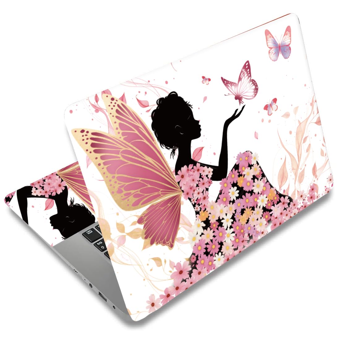 SUPERDANT Butterfly Girl Laptop Skin Decal Flowers Universal Laptops Skin Sticker Notebook Protector 12 13 13.3 14 15 15.4 15.6 Inches Vinyl Cover Removable Waterproof Personalized Art Decal