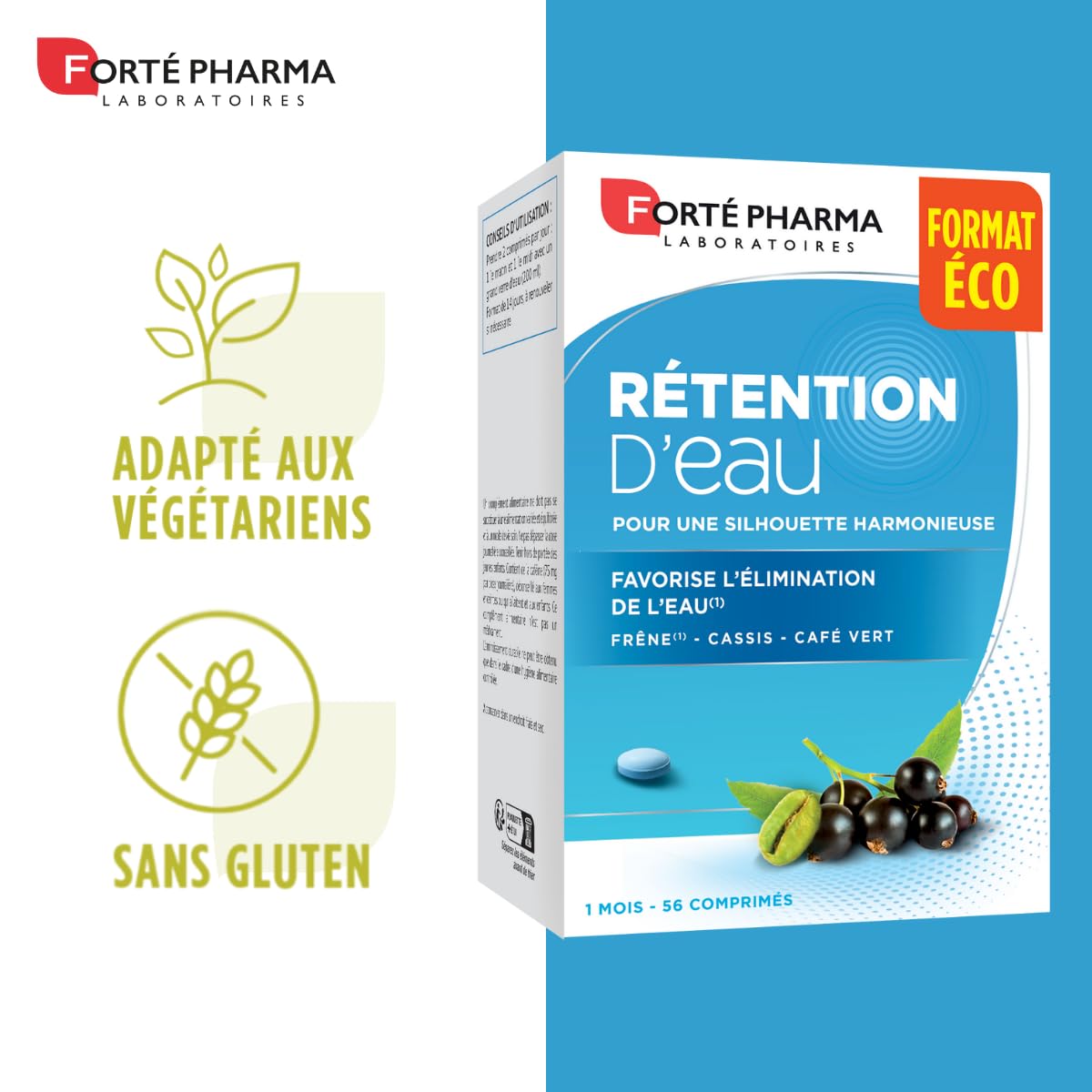 Forté Pharma - Rétention d'eau - Minceur perte de poids, Draineur, Antioxydant, brule graisse - Frêne, Cassis, Café Vert, Sélénium, Vitamines B, Grenade - 2/jour, 28 jours