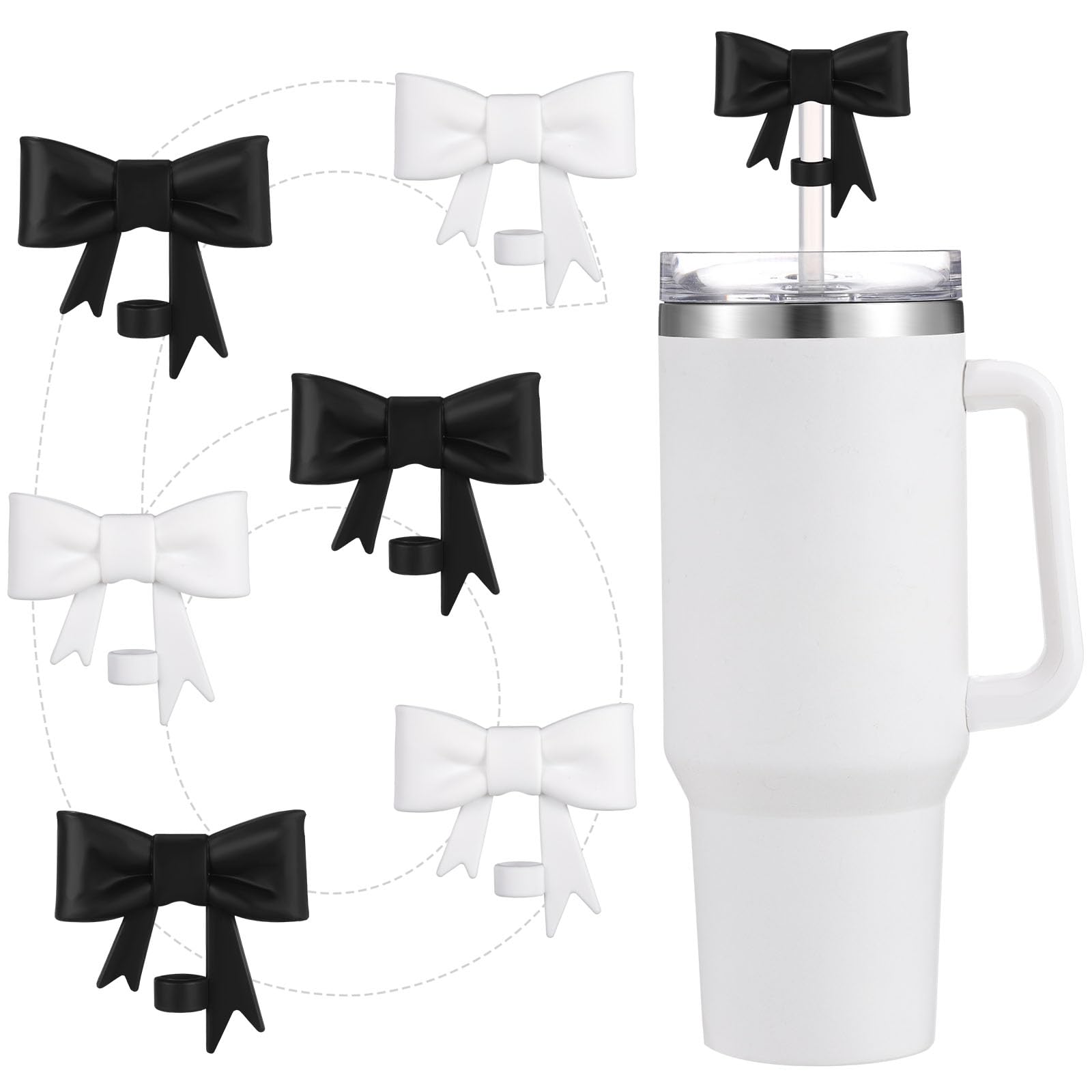 6 Pcs Cute Bow Straw Toppers Compatible with Stanley 30/40 oz Tumbler Cups Silicone Straw Protectors Reusable Drinking Straw Cover Caps for 10 mm Straw Classic Bow Straw Topper (Black,White)