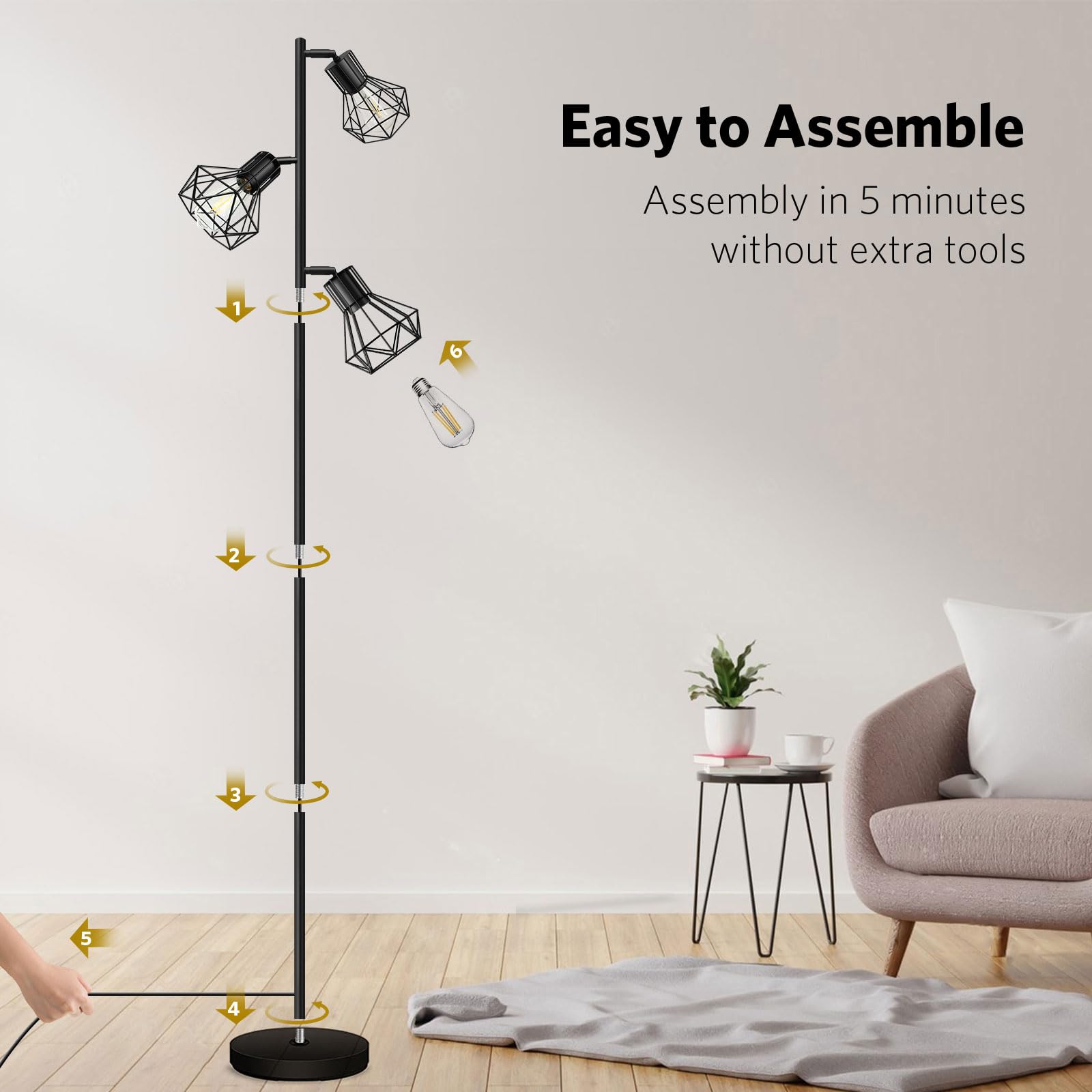 BBHome Lampada da terra industriale, lampada da terra ad albero di fattoria con teste a gabbia regolabili, lampade da terra rustiche per ufficio camera da letto soggiorno, nero (lampadine non incluse)