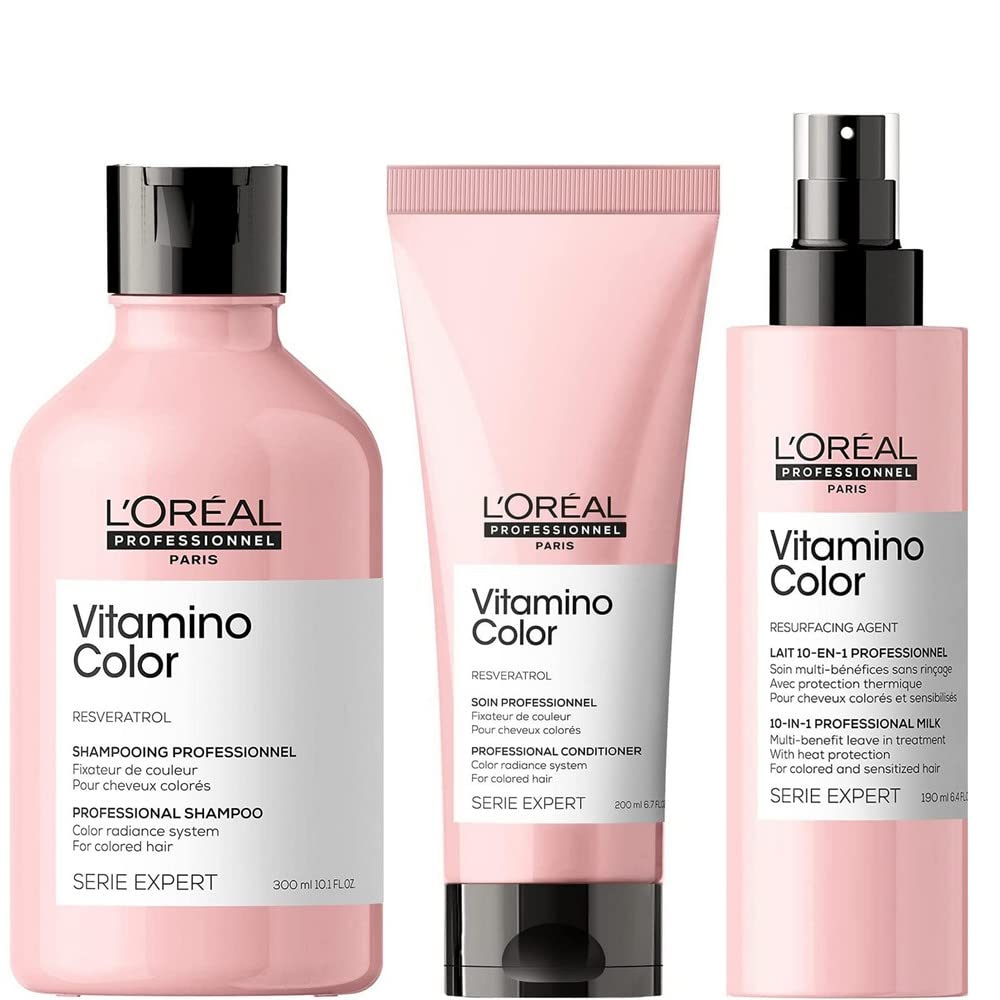 L'Oréal Professionnel Paris | KIT Shampoo Vitamino Color 300 ml + Balsamo 300 ml + Spray Multiuso 190 ml | Routine Anti-Sbiadimento per Capelli Colorati