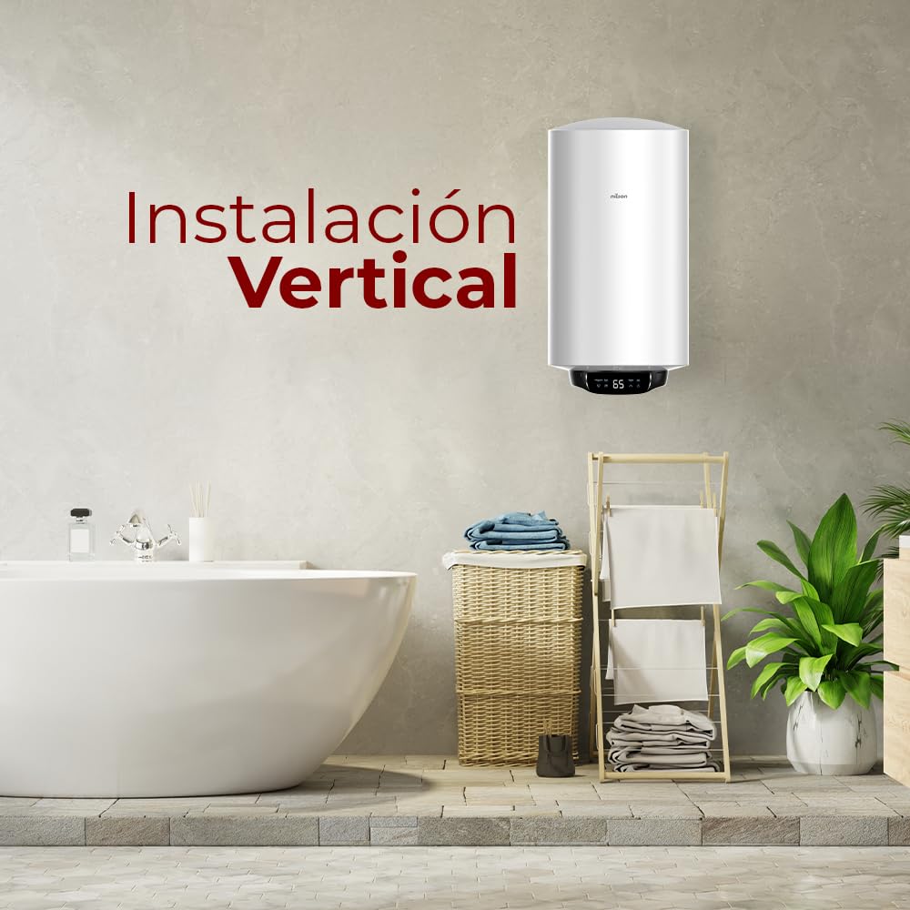 Nilson Termo Eléctrico Vertical 50 Litros NT5000EADW. Display LED, Instalación Vertical, 1500W, Incluye Kit de Montaje, Resistencia de Acero inoxidable, Blanco, Eficiencia Energética Clase B