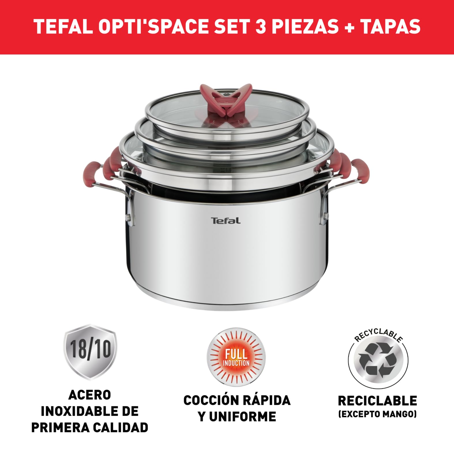 Tefal Optispace - Juego de 3 Ollas 18/20/24 cm + 3 Tapas, Apto inducción, Thermo-Fusion, marcas medición, apto lavavajillas y horno, acero inoxidable