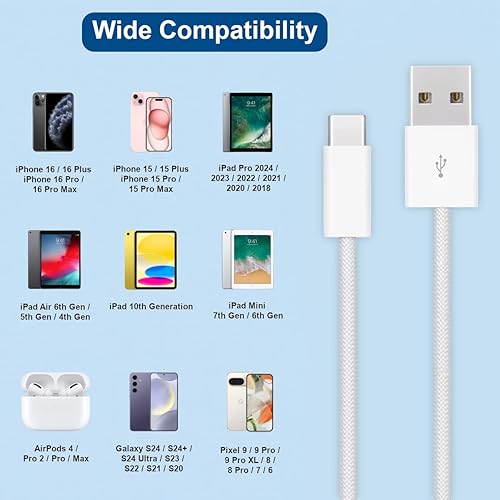 Miniatura 7 de Cable trenzado USB C a USB C de 3 pies y cable Carplay para automóvil para iPhone 16/15 (paquete de 2 unidades de 3.3 pies), cable de carga USB A a