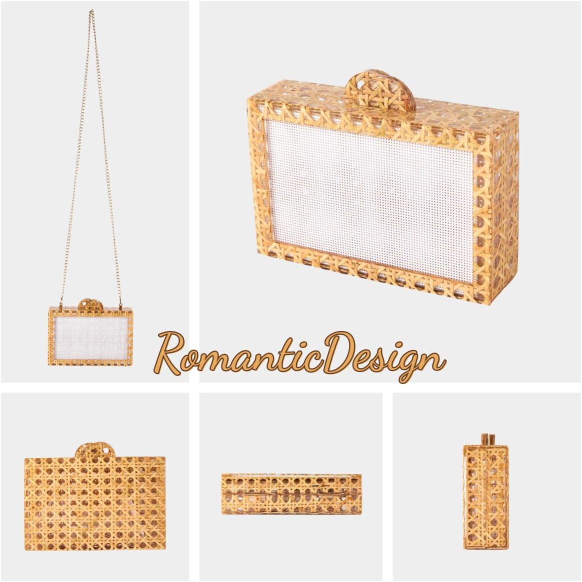 RomanticDesign Women Acrylic Handbag Rattan Woven Pattern Square Box Crossbody Handbag Shoulder Bag Chain Purse
