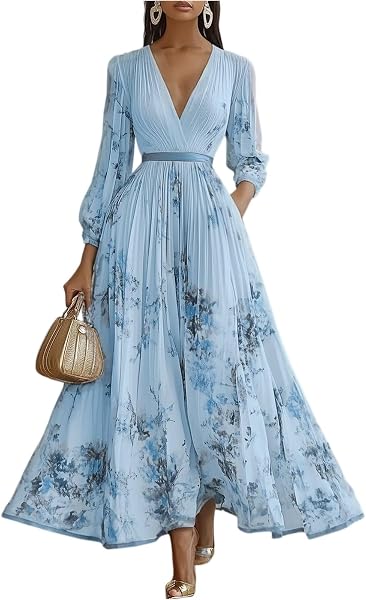 Kleid Hochzeitsgast Damen Curvy Lang Abendkleider Elegant Für Hochzeit Gast Chiffon Festliche Kleider Damen Sommer A Linie Ballkleid V Ausschnitt Tailliert Partykleid Blumen Maxikleider - 1