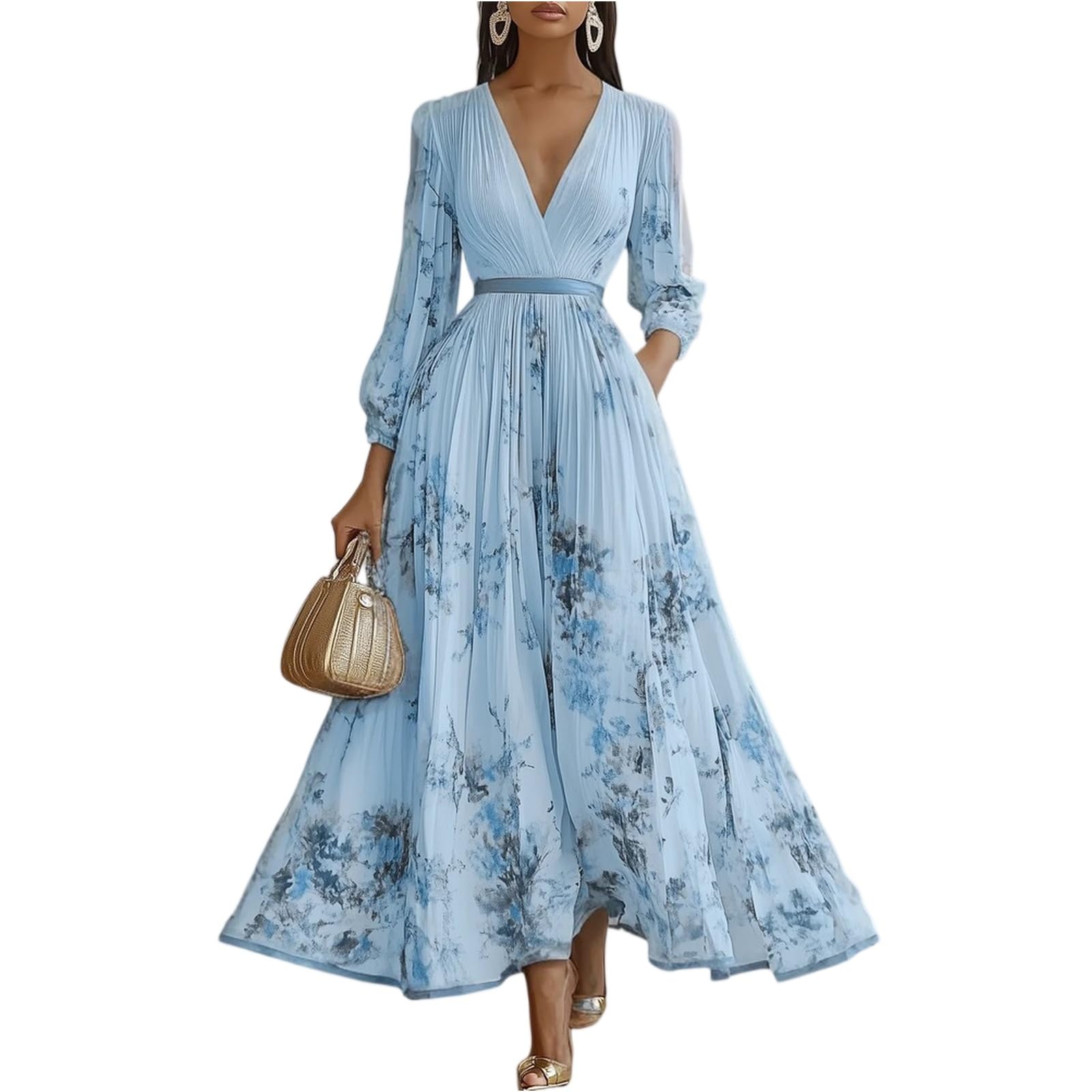 Womens Chiffon Dress Floral Print Deep V Neck Maxi Wrap Long Sleeve Dressy Casual Loose A-Line Flowy Belted Dresses