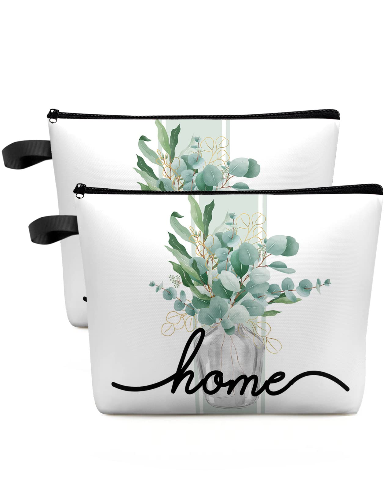 IDOWMAT Travel Makeup Bag for Women - Waterproof Cosmetic Bag Makeup Pouch - 2 Pieces Vintage Fall Home Watercolor Eucalyptus Leaves Zipper Pouch Small Makeup Bag Organizer