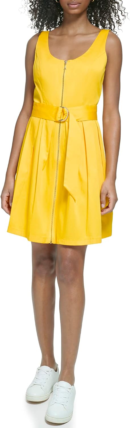 Karl Lagerfeld Paris Women's Round Neck Zip Up Belted Dress