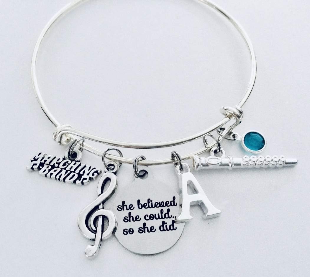 She Believed She Could Charm Bracelet Silver Adjustable Bangle Flute Music Teacher Gift
