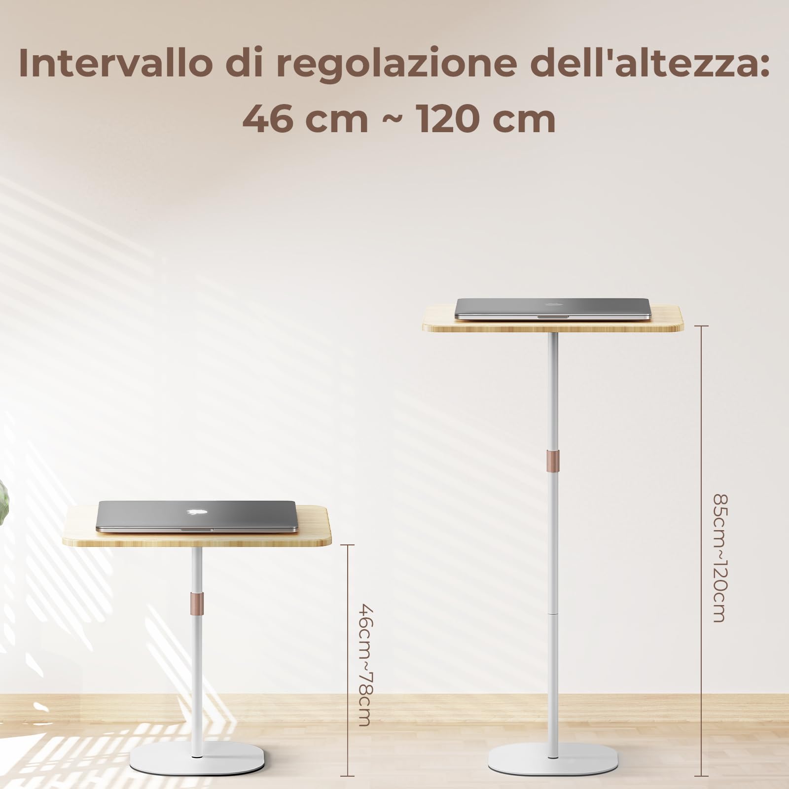 Supporto PC Portatile con Altezza Regolabile 46-120 cm, Tavolino Regolabile per Lavoro Studio, Tavolo del Computer Spostabile per uffici/sale conferenze/camere da letto/letto e divano Bianco