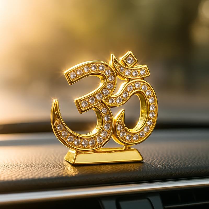 UNIq Gold Om Spiritual Idol for Car Dashboard | Crystal Stone Decorative Showpiece | Hindu God Idol for Pooja Mandir | Home Temple Murti | Positive Energy Decor & Vastu Spiritual Gift-image-15