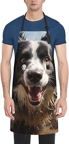 NONHAI Delantales de cocina para mujeres y hombres, delantal impermeable con bolsillos, delantal de chef ajustable, delantal de chef pastor border