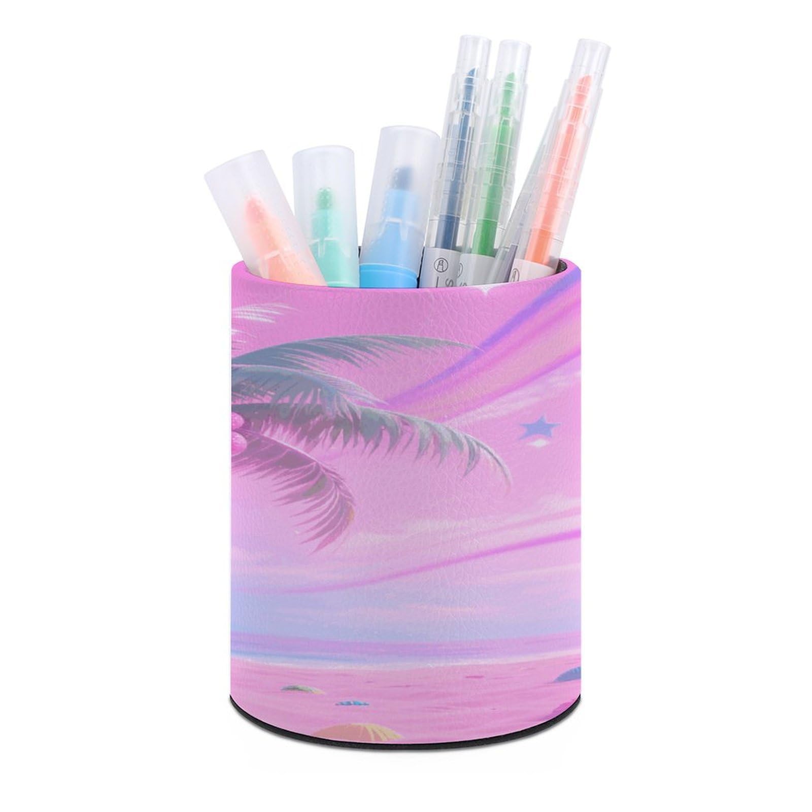 VstaDank Hologram Palm & Pink Sand Pen Holder Round Pencil Holder for Desk Organizer PU Leather Pencil Cup Makeup Brush Holders Modern Pen Cup Large Pen Organizer for Office Home Ideal Gift