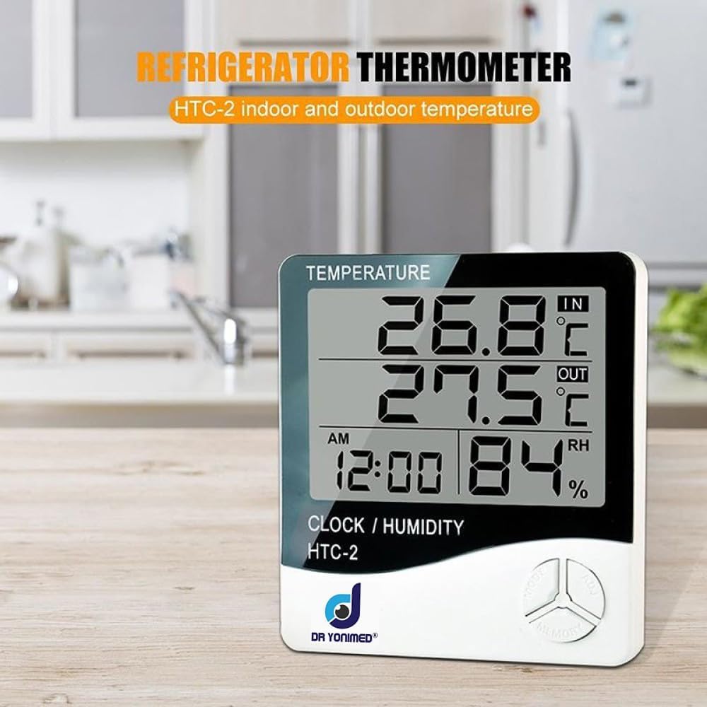OTTIXE Digital Temperature Humidity Monitor with Clock, Indoor Outdoor Thermometer HTC-2, LCD Display with External Probe, Black and Silver 1