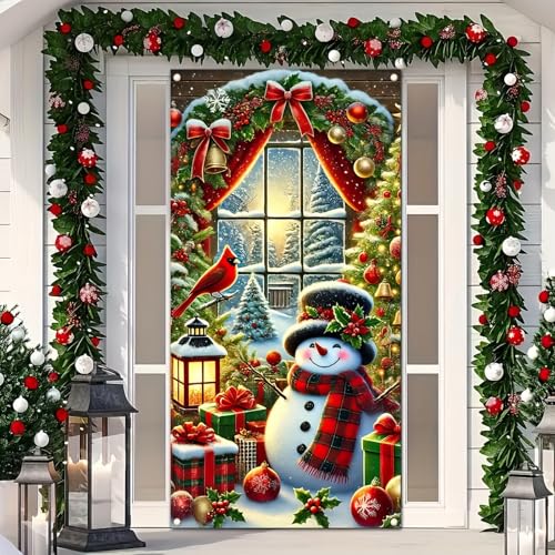 Image of BlissYard Christmas Door Cover 71x35 Inch Snowman Door Banner, Winter Holiday Decoration for Front Door, Indoor Outdoor Porch Backdrop, Merry Christmas Party Hanging Sign for Home Yard Lawn Decor