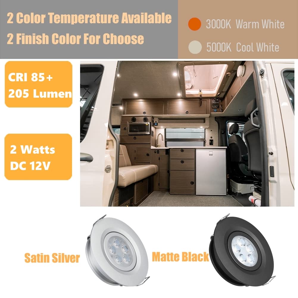 acegoo 2 x Faretti LED da Incasso 12V Camper Barca Orientabile 70° Downlight Soffitto Plafoniera per Roulotte Furgone Cucina Cartongesso, Angolo del fascio di 35° Alluminio completo(Argento 3000K)