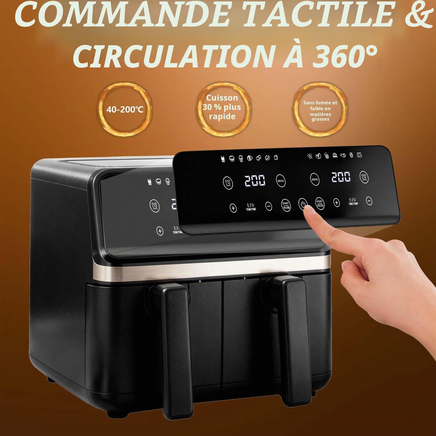 Friteuse à air chaud 2 chambres avec fenêtre de visualisation, friteuse Airfryer de 8 l, 2 compartiments, 12 en 1, écran tactile, paniers lavables au lave-vaisselle, paniers à frire antiadhésifs
