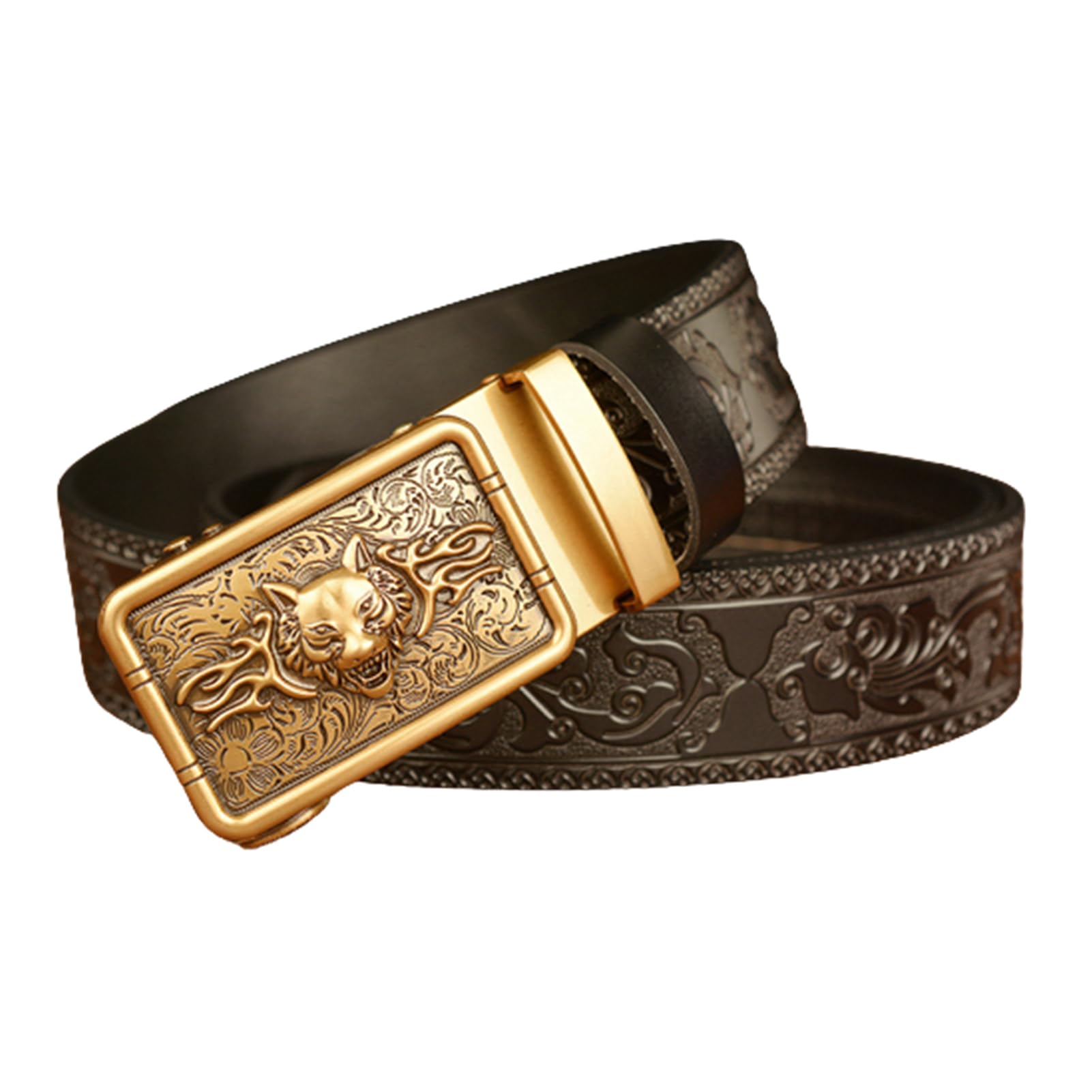 Cinturón De Trinquete Deslizante Filigrana Lobo Dorado Grabado En Relieve Cuero Hebilla Automática Hecha A Mano Ocio Ajustable 120 Cm Se Adapta A Cinturas 40 "-42" Negro