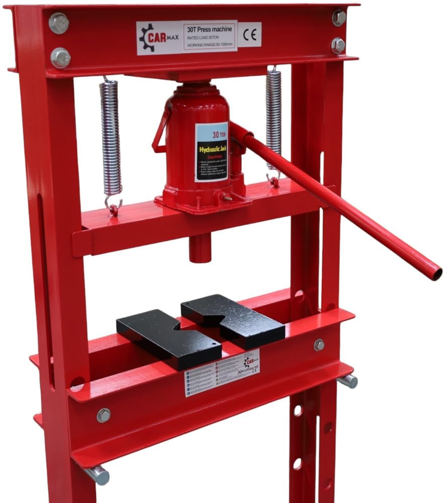 Carmax MT01305 Presse d'atelier hydraulique 30 tonnes, table de travail réglable en hauteur, 7 niveaux de travail, 2 prismes, rouge
