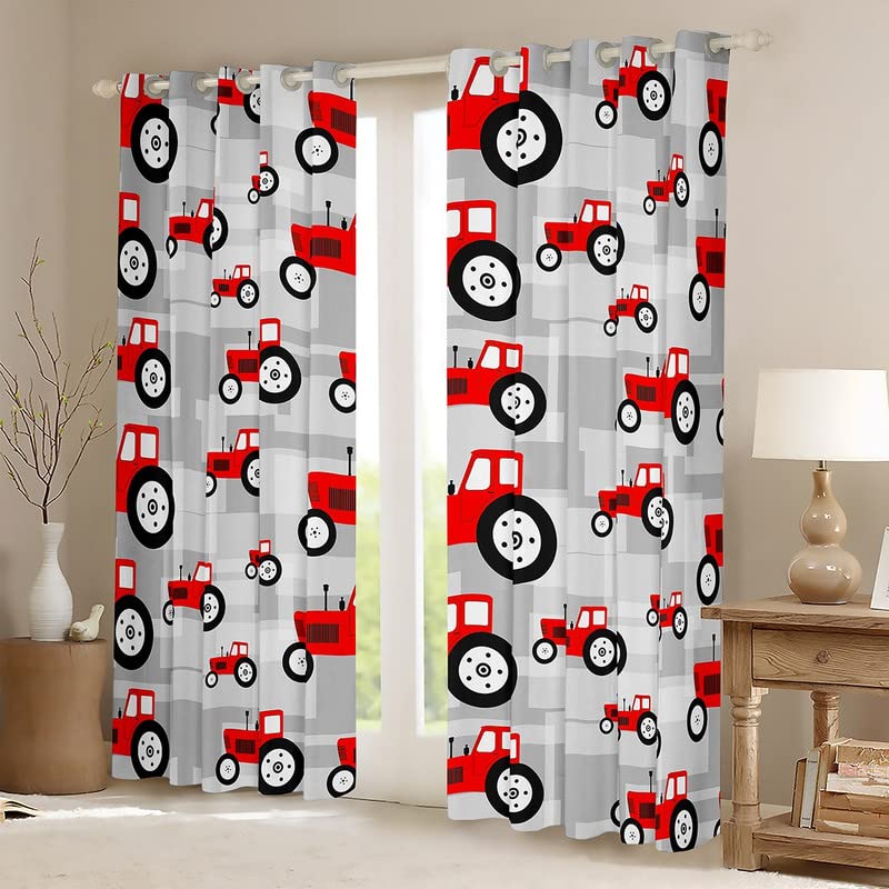 Loussiesd Red Tractor Blackout Curtains Cartoon Car Curtains for Bedroom Living Room for Boys Girls Farm Equipment Trucks Window Curtains Construction Car Window Treatments W46*L72 - Image 2