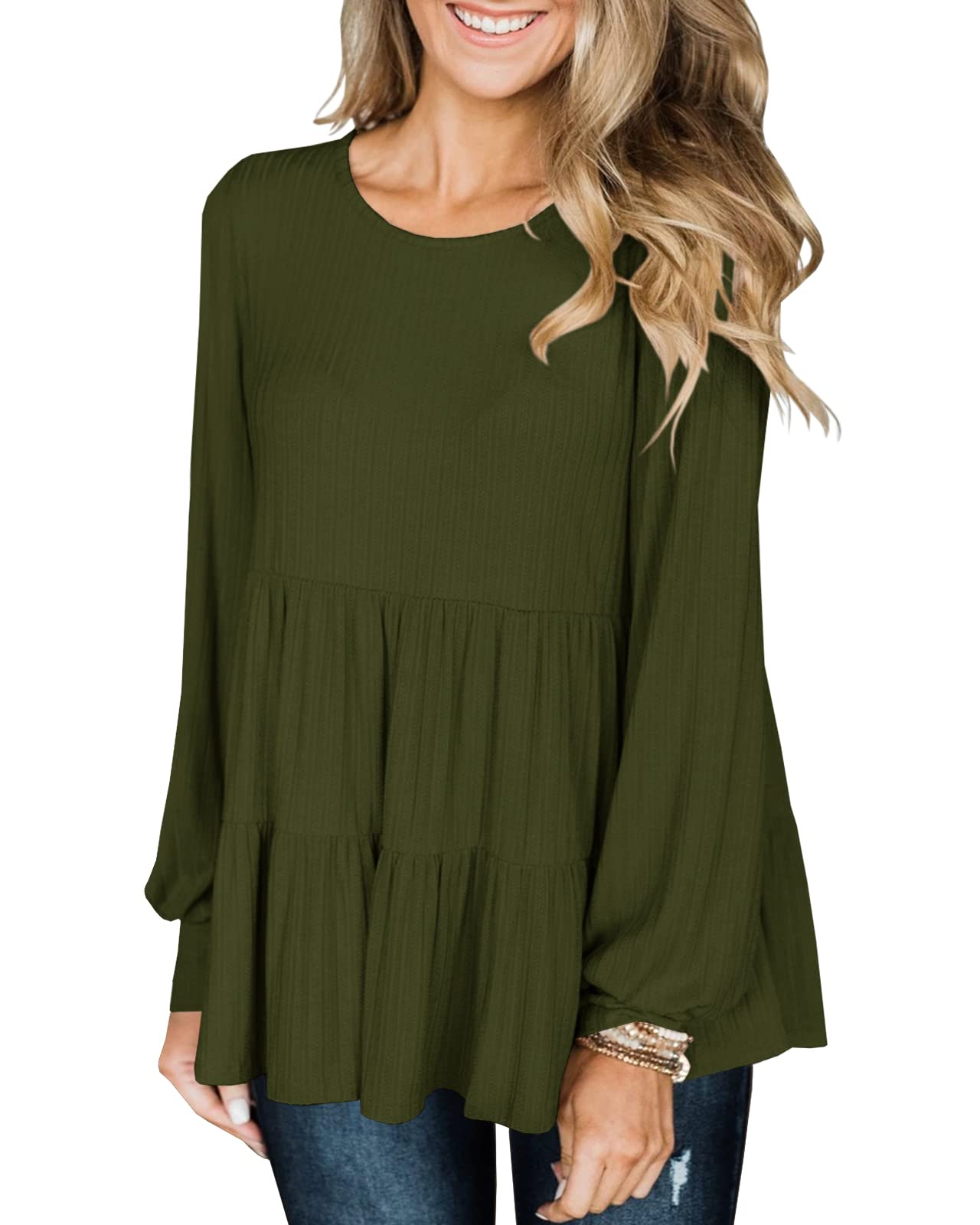 Modershe Womens Long Sleeve Tunic Babydoll Knit Tops Peplum Ruffle Hem Blouse Loose Casual Shirt Flowy Swing Shift