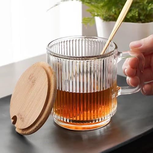Donyu Glass Coffee Mug With Lid - Of 2 12.5 Ounces Premium Classical Vertical Stripes Glass Tea Cup - For |Latte|Tea|Chocolate|Juice|Water| - Unleaded - Bamboo Lid (Clear) #TOP4
