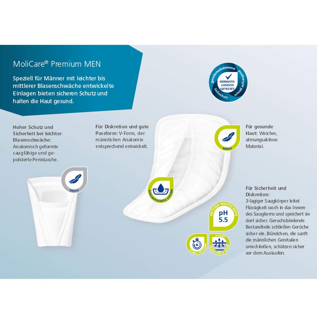 MoliCare Premium MEN PAD, wkładka do nietrzymania moczu dla mężczyzn w przypadku słabego pęcherza, dopasowanie w kształcie litery V, 4 krople, 12 x 14 sztuk - opakowanie