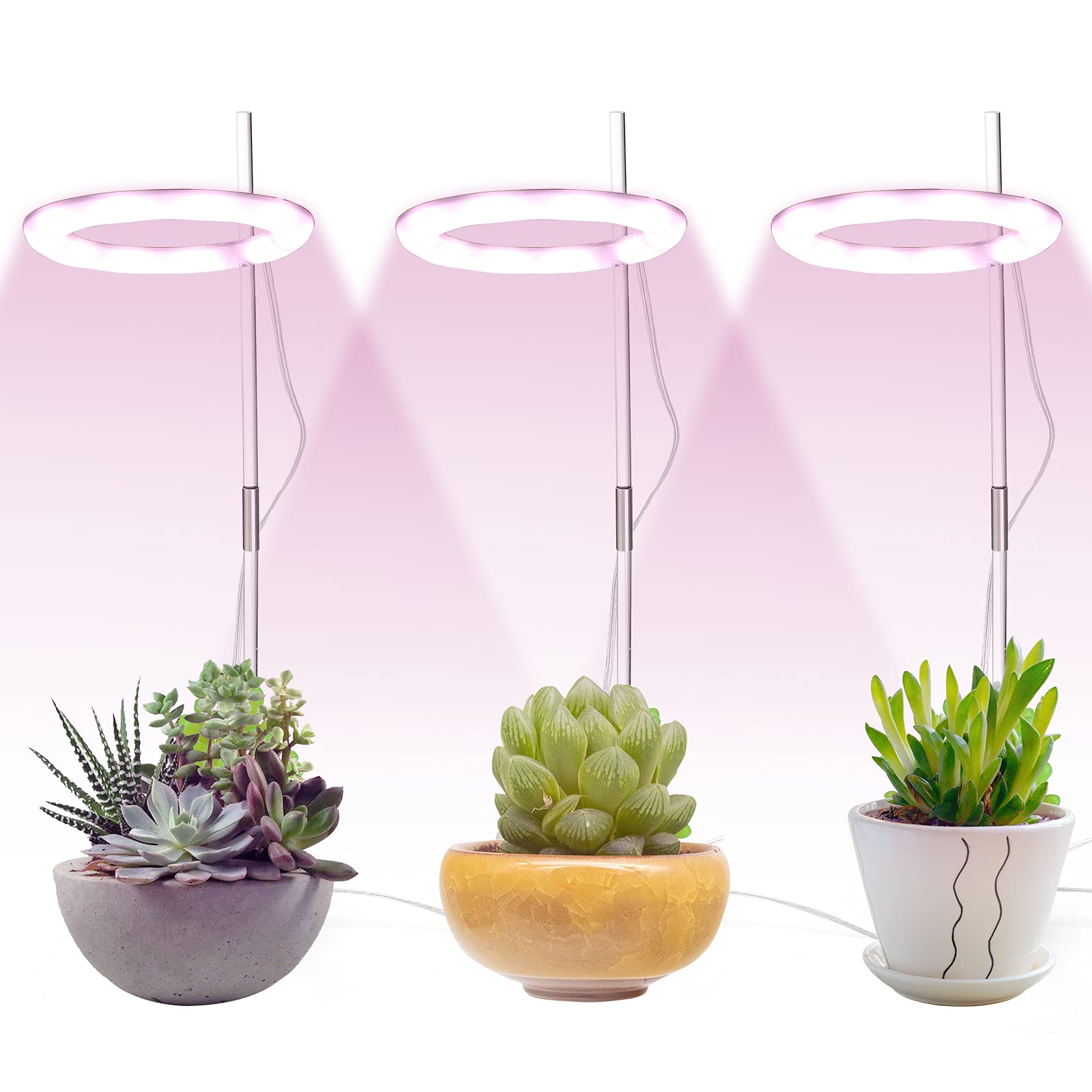 Lampe de croissance à 3 têtes LED pour plantes succulentes avec support, lampe annulaire, interface USB, lampe de croissance pour fleurs, éclairage de croissance pour plantes en pot (Blanc)