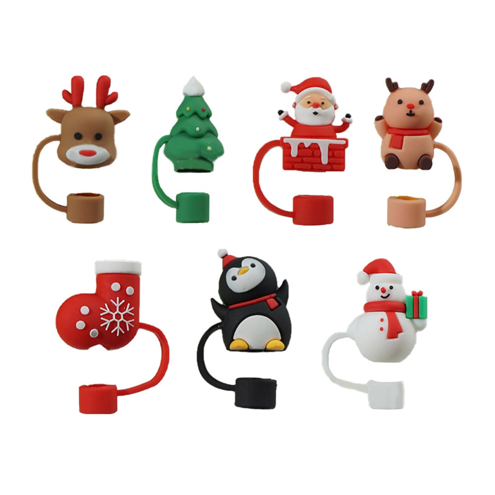 Elnwnnkc 7pcs Christmas Silicone Straw Covers Dustproof Drinking Straw Caps Toppers Cartoon Ornament Lids for Tumblers Cup Christmas Covers