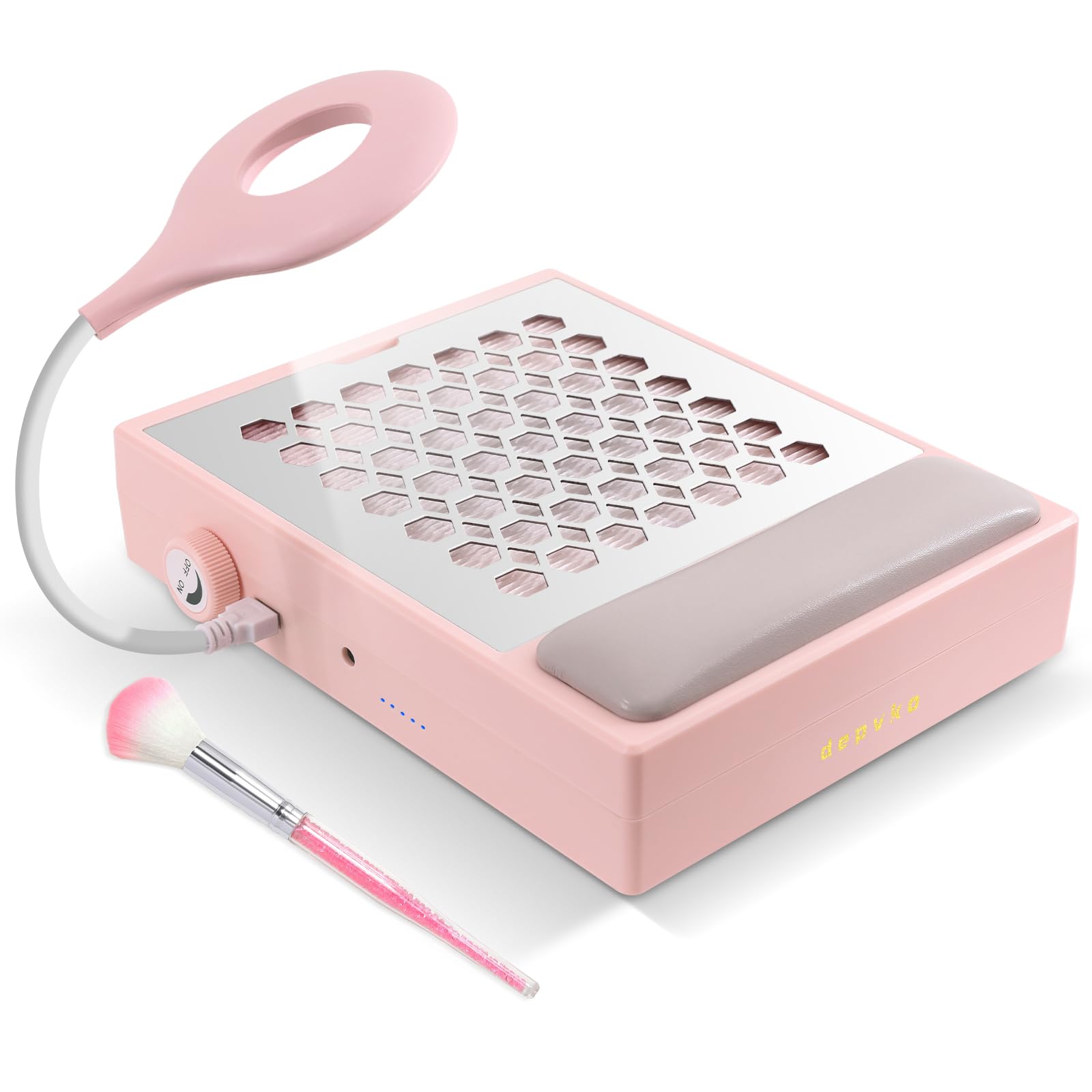 Depvko Nail Dust Collector, Nail Extractor Vacuum Cleaner with Lamp &Reusable Filter &Brush, Adjustable Electric Nail Fan Dust Vacuum Manicure Tool for Acrylic Gel Nail Polishing, Low Noise (Pink)