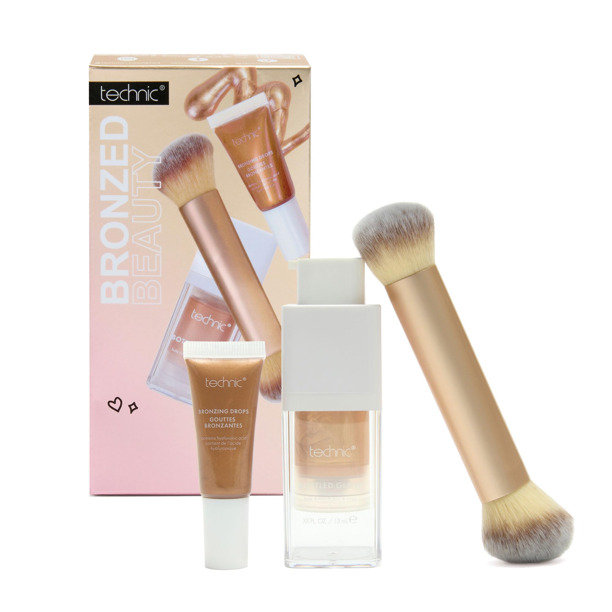 Technic Bronzed Beauty 3-Piece Set - Bronzing Drops, Body Glow Oil & Dual-Ended Brush for Year-Round Radiance - Makeup Gift