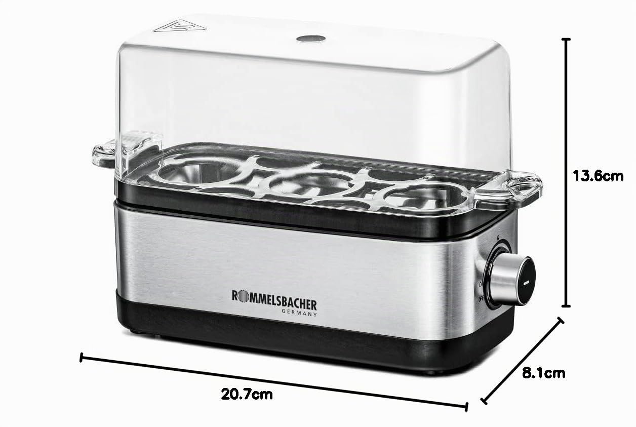ROMMELSBACHER Cuiseur à œufs ER 300 - Pour 1 à 3 œufs - Dureté réglable - Surveillance électronique du temps de cuisson - Bol chauffant en acier inoxydable - Verre doseur avec pic Eipick - Enrouleur