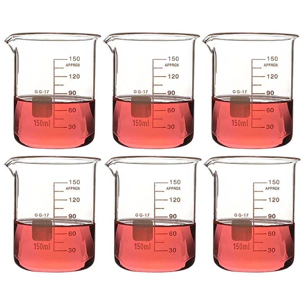 6 vasos de precipitados de vidrio de forma baja, (100 ml, 150 ml, 200 ml, 250 ml, 300 ml) Vaso de laboratorio de borosilicato, vaso de medición de vidrio con graduación y pico vertedor, para laborat